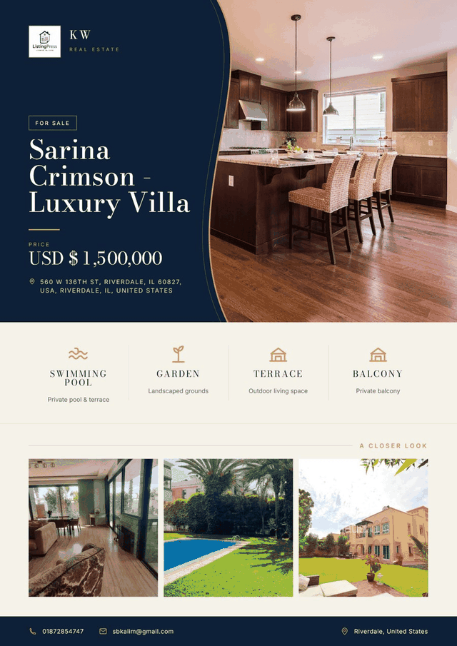 A generated two-page PDF property brochure with the agent's branding
