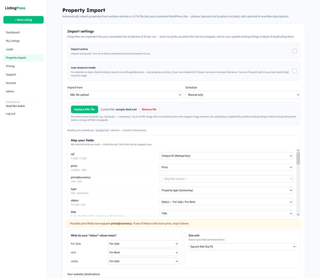 The Property Import screen — smart field mapping, schedule and AI-rewrite toggle